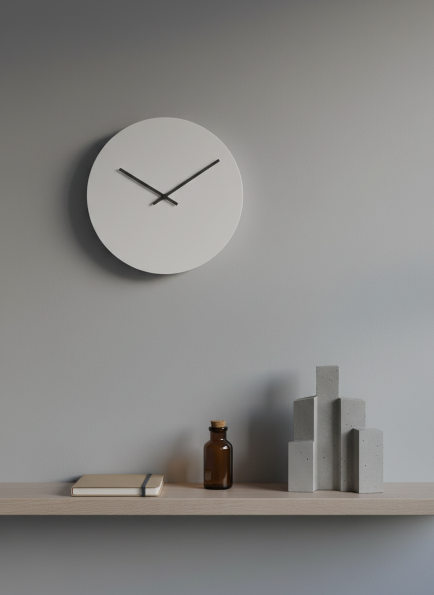 A round, minimalistic wall clock with a matte white face and thin, dark gray hands hangs on a smooth, dove-gray wall. Below it, a slender floating shelf in light ash wood holds three carefully arranged objects: a closed kraft-paper journal, a small unlabelled amber glass bottle, and a geometric concrete sculpture resembling a simplified city skyline. Soft, diffused evening light washes from the right, creating gentle shadows and a subtle gradient across the wall. The atmosphere is calm yet slightly tense, alluding to the rhythm of social change and evolving perspectives. Framed using the rule of thirds at eye level, the clock dominates the upper portion while the shelf anchors the lower third. Sharp focus throughout, photographic minimalist style with a muted, sophisticated palette.