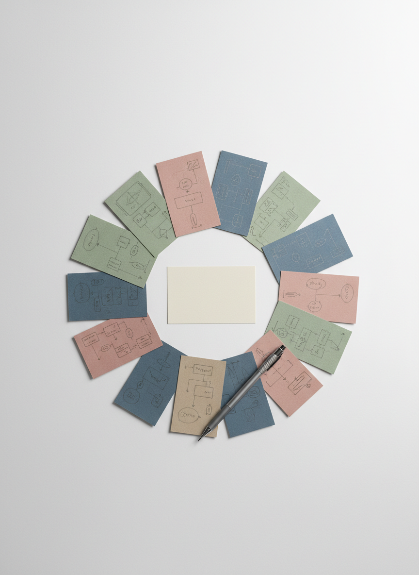 On a spacious, matte white table, a cluster of colored index cards is arranged in an imperfect circle, each card a muted shade of sage, dusty rose, slate, and sand. Fine graphite lines and diagrams are faintly visible but illegible, hinting at complex ideas and societal debates. At the center sits a single, unmarked off-white card, perfectly blank, inviting new perspectives. A slim mechanical pencil lies diagonally at the edge of the circle. Soft studio lighting from above creates even illumination with delicate shadows edging each card. The mood is analytical yet open, suggesting collaborative reflection and contributions from diverse voices. Captured from a bird’s-eye view, the composition is clean and geometric, emphasizing patterns and negative space. Photographic realism with minimalist, elegant styling and a restrained color scheme.